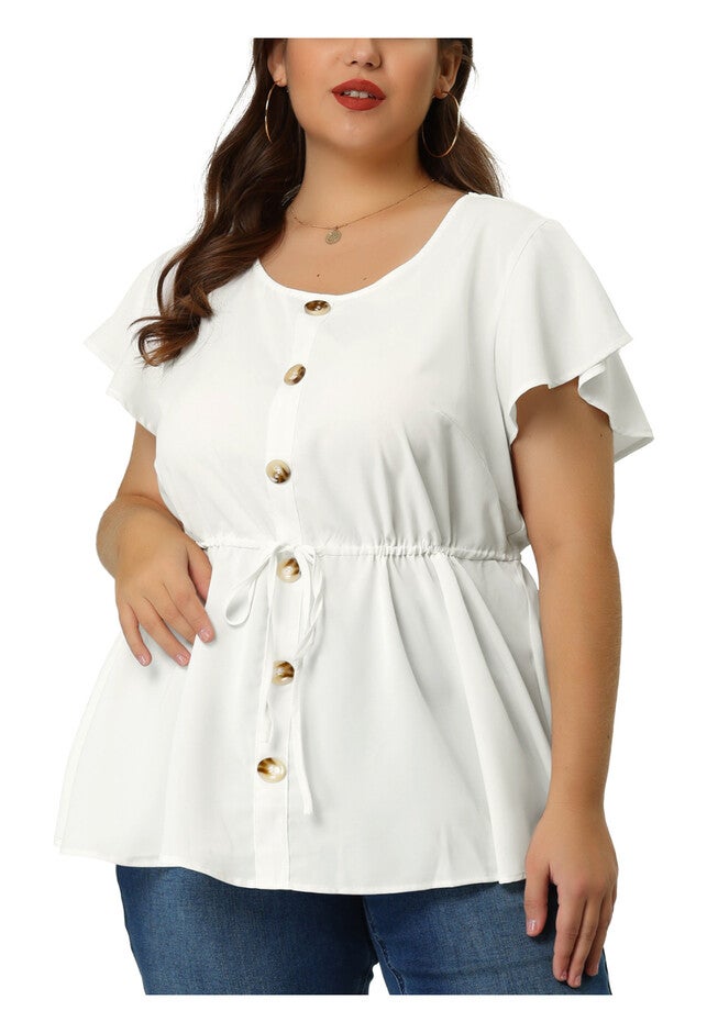 Peplum Button Decor Drawstring Waist Flare Sleeve Blouse Top, White / White, alternate image number 2