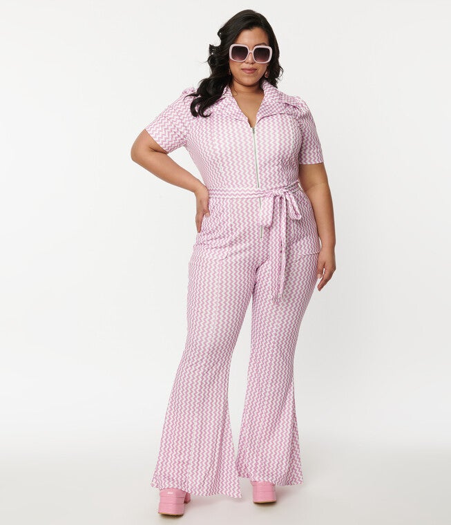 Unique Vintage Lavender & White Zig Zag Wide Leg Jumpsuit, LavenderWhite Zig Zag / Lilac, hi-res image number 0