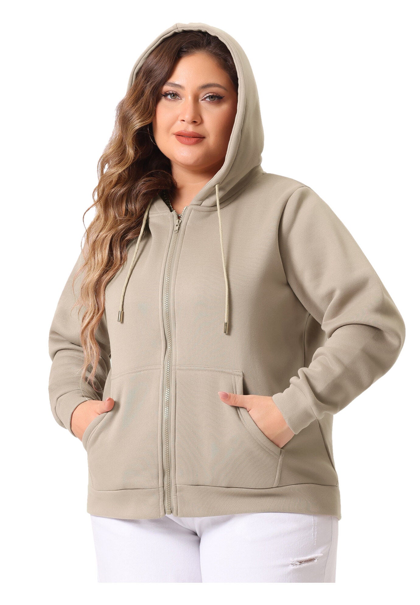 HOODIES FULL ZIP UP LONG SLEEVE SWEATSHIRT JACKET, Khaki / Beige, alternate image number 2