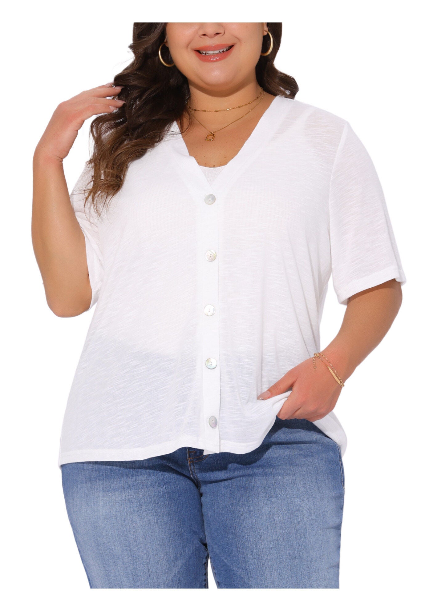 Button Down Sheer Short Sleeve Knitted Top, White / White, alternate image number 2