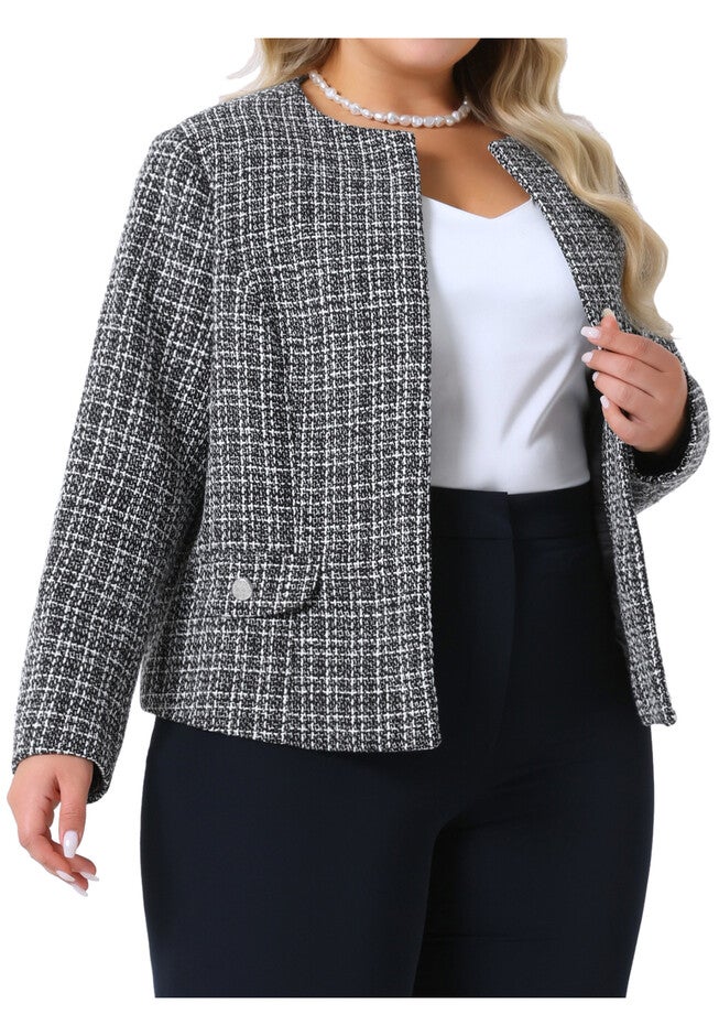 Long Sleeve Open Front Collarless Tweed Blazer Jacket, Black / Black, alternate image number 1