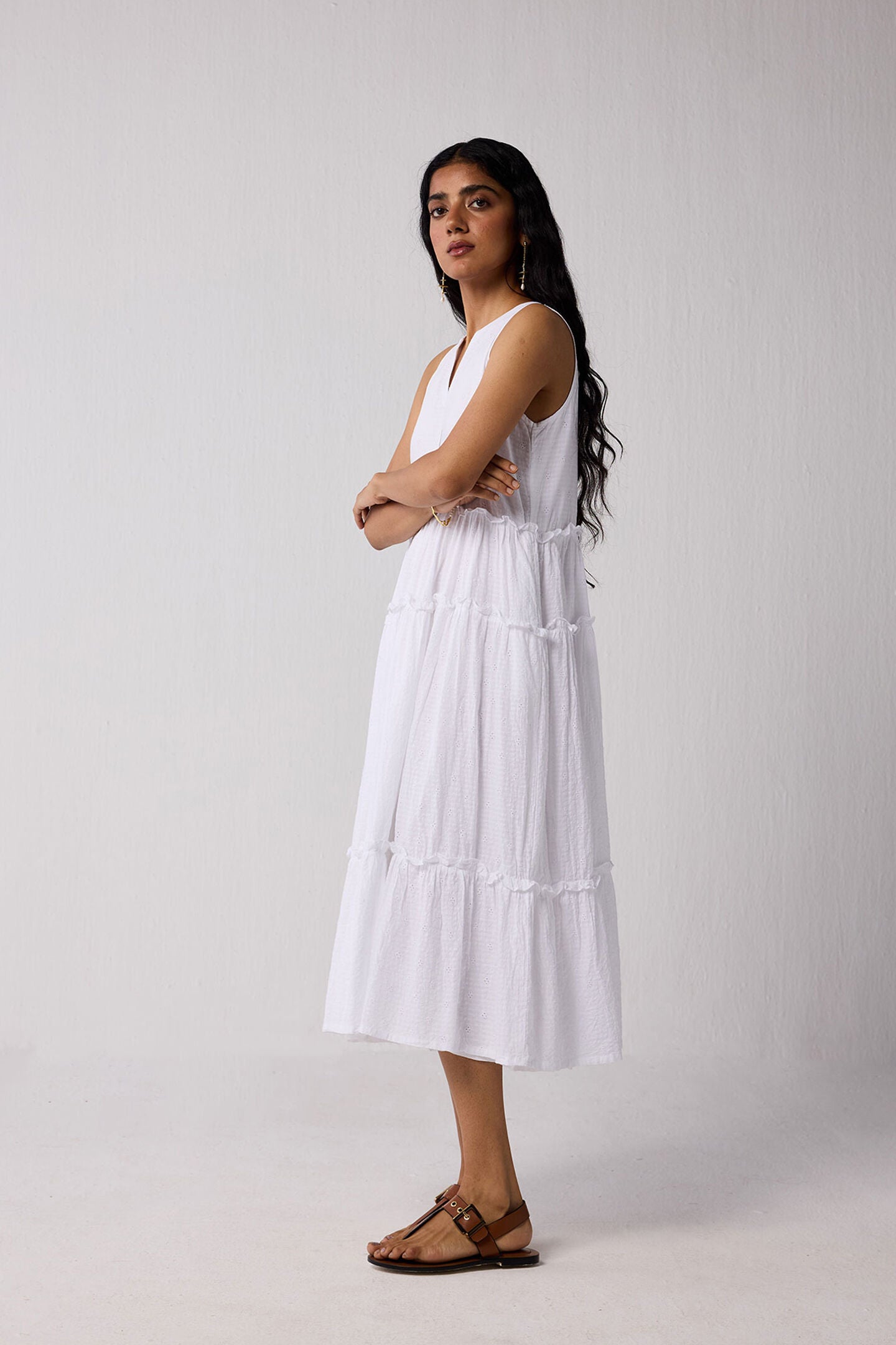 Embroidered Sleeveless Maxi Dress in White, Textured Eyelet in White / White, alternate image number 3