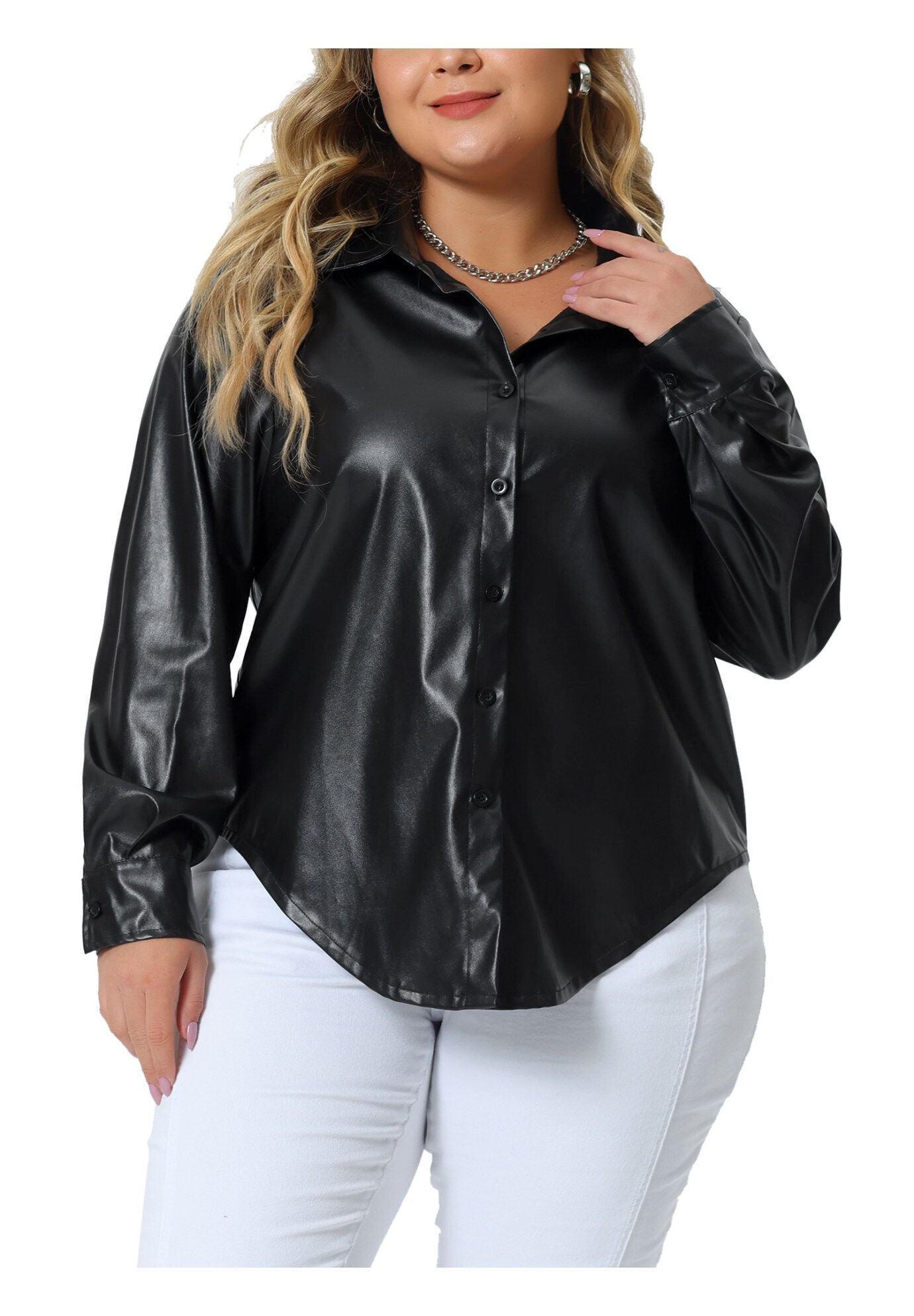 FAUX LEATHER JACKET SHACKET BUTTON DOWN SHIRT, Black / Black, alternate image number 1