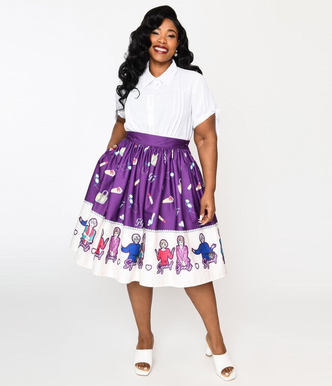The Golden Girls x Unique Vintage Plus Size Purple Character Border Gellar Swing Skirt, Purple Golden Girls Print / Purple, hi-res image number null
