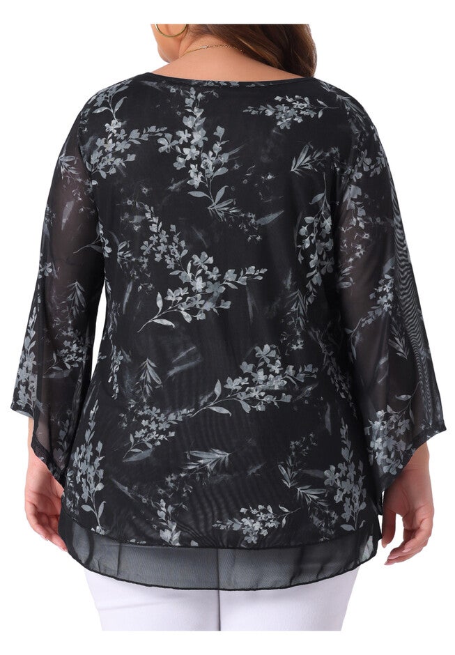 V Neck Mesh Flowy 3/4 Flared Sleeve Tunic Blouse Top, Black / Black, alternate image number 3