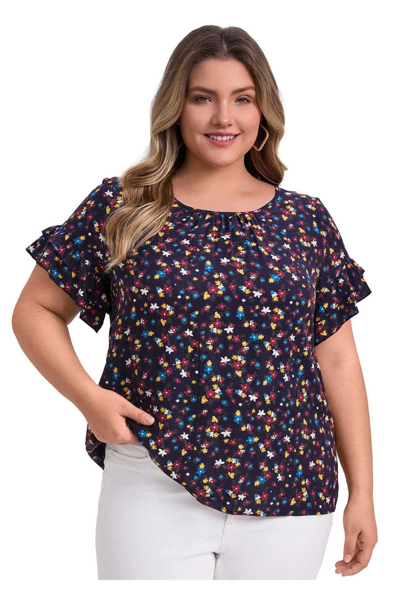 Floral Print Blouse Crew Neck Double Layer Ruffles Short Sleeve Top, Dark Blue / Navy, hi-res image number 0