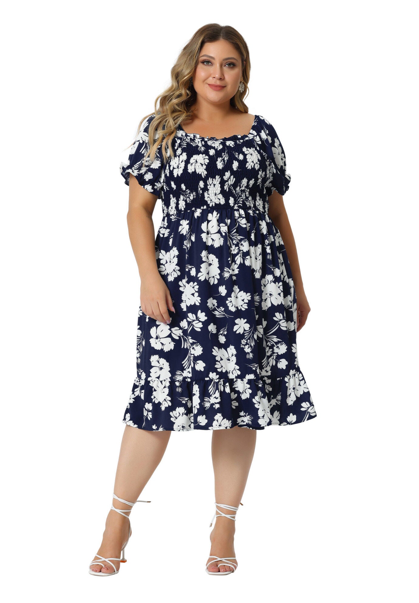 Ruffle Short Sleeve Flared Flowy Smock Floral Print Dress, Navy Blue / Navy, hi-res image number 0