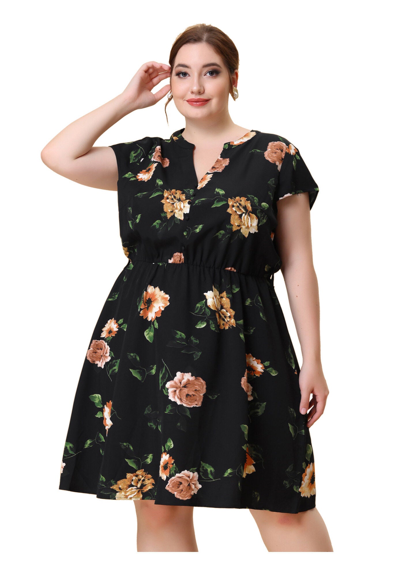 V Neck Belted Summer Floral Dress, Black / Black, hi-res image number 0