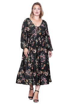 Floral-Print Sheer Sleeve Midi Dress