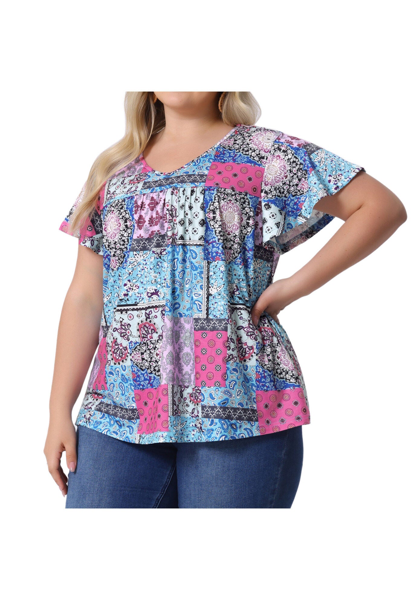 V Neck Ruffle Short Sleeve T-Shirt Tee Top, Blue Pink / Azure Blue, alternate image number 2