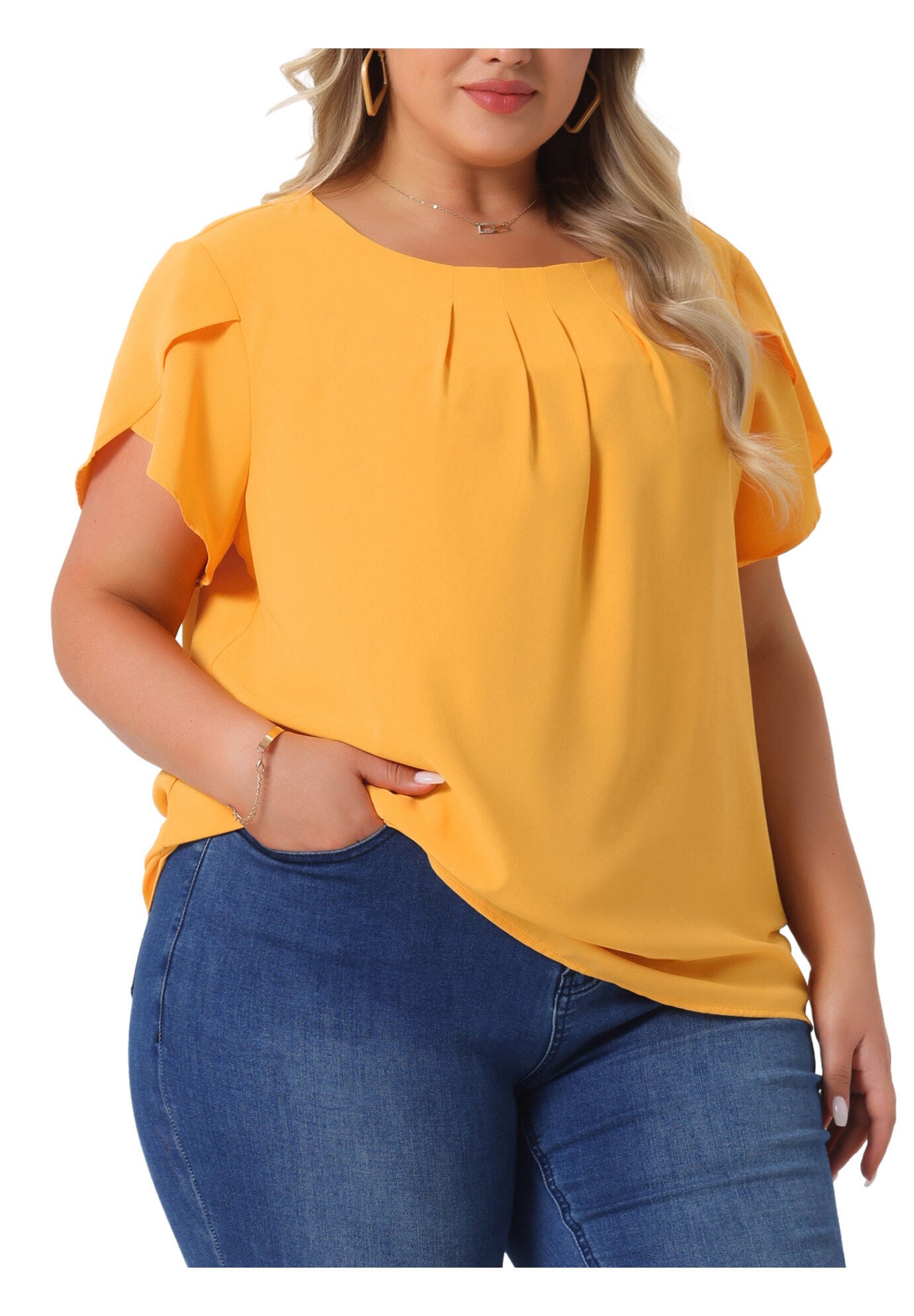 Round Neck Pleated Top Tulip Sleeves Blouse Top, Yellow / Yellow, alternate image number 1