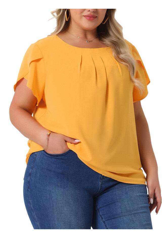 Round Neck Pleated Top Tulip Sleeves Blouse Top, Yellow / Yellow, alternate image number 1