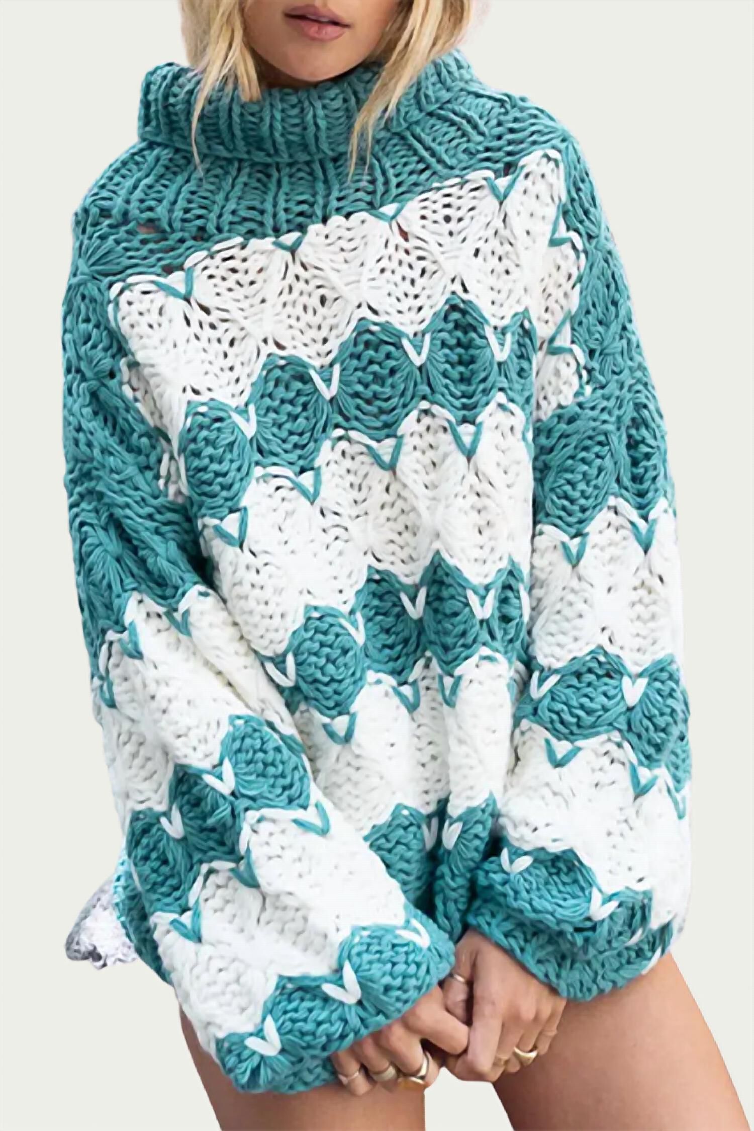 OPEN-KNIT CHUNKY TURTLENECK SWEATER IN IVORY TEAL STRIPE, Ivory Teal Stripe / Ivory, alternate image number 1