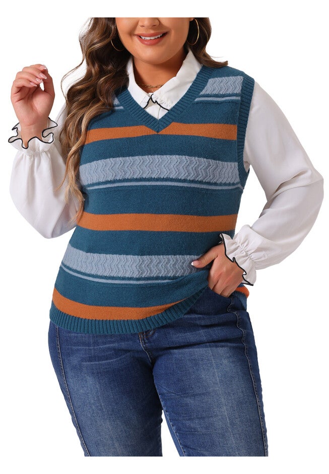 V Neck Striped Knit Casual Pullover Sweater Vest, Blue / Dusty Blue, alternate image number 1