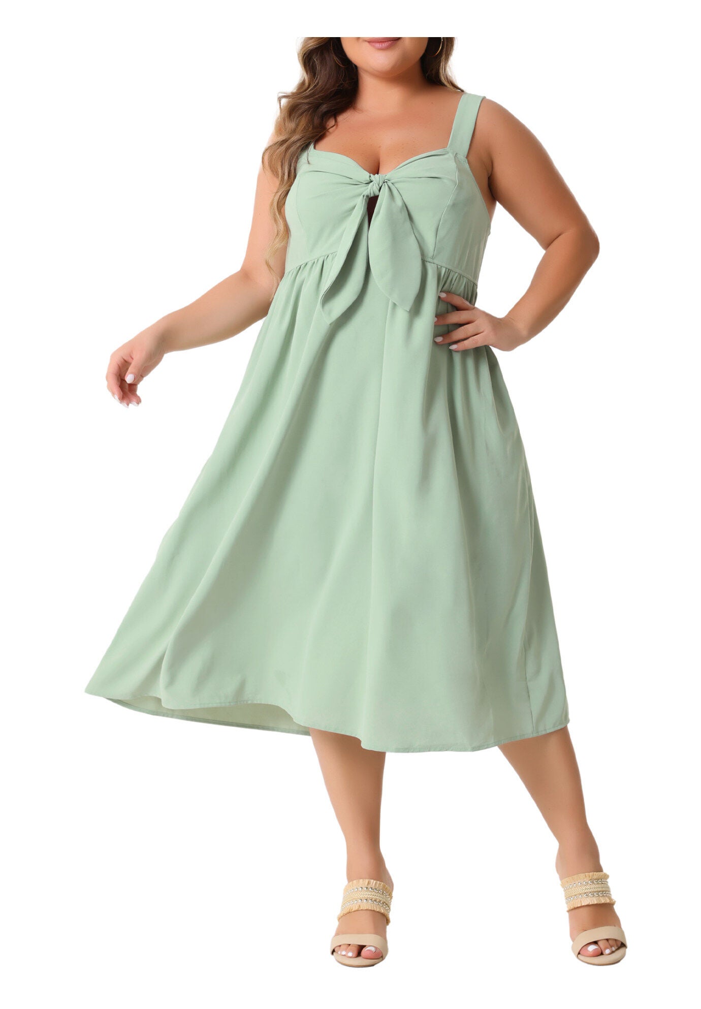 Bow Flowy Back Smocked Midi Cami Dress, Green / Mint, alternate image number 2