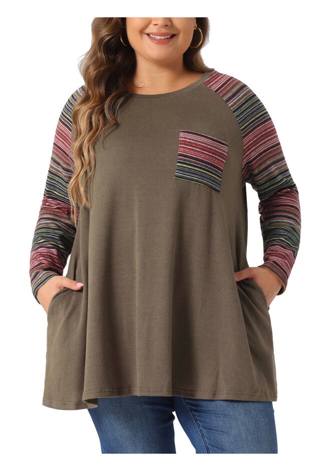 Raglan Color Block Knit Pullover Shirt Tunic Top with Pockets, Coffee / Brown, alternate image number 1