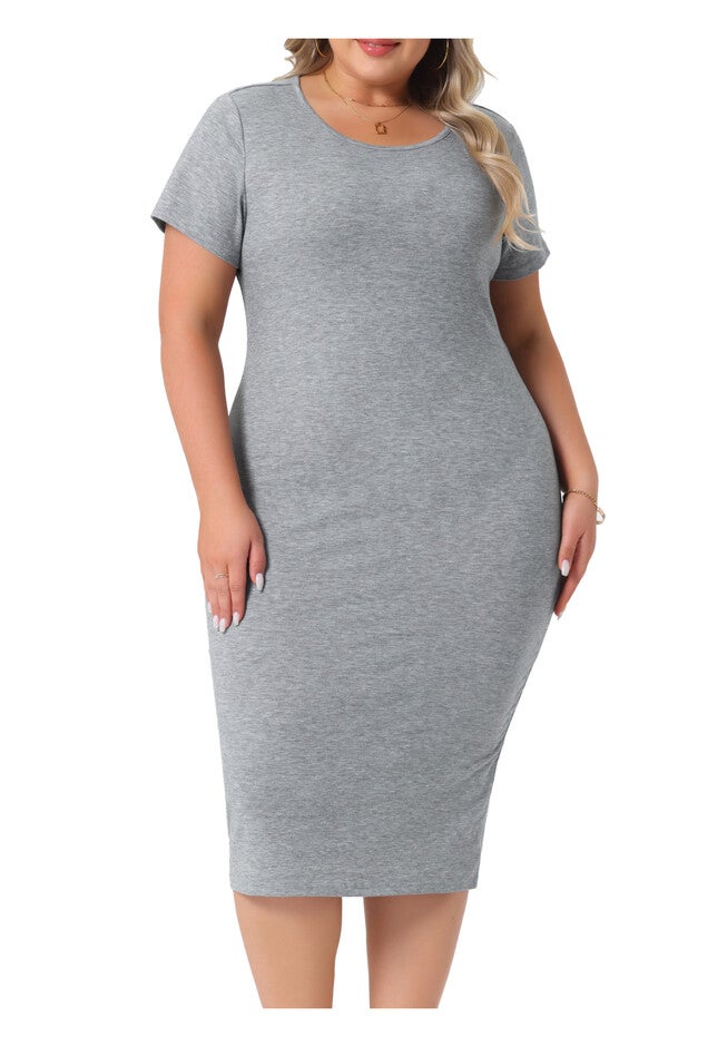 Short Sleeve Crew Neck Casual Midi Bodycon Casual T Shirt Dress, Gray / Light Grey, alternate image number 1