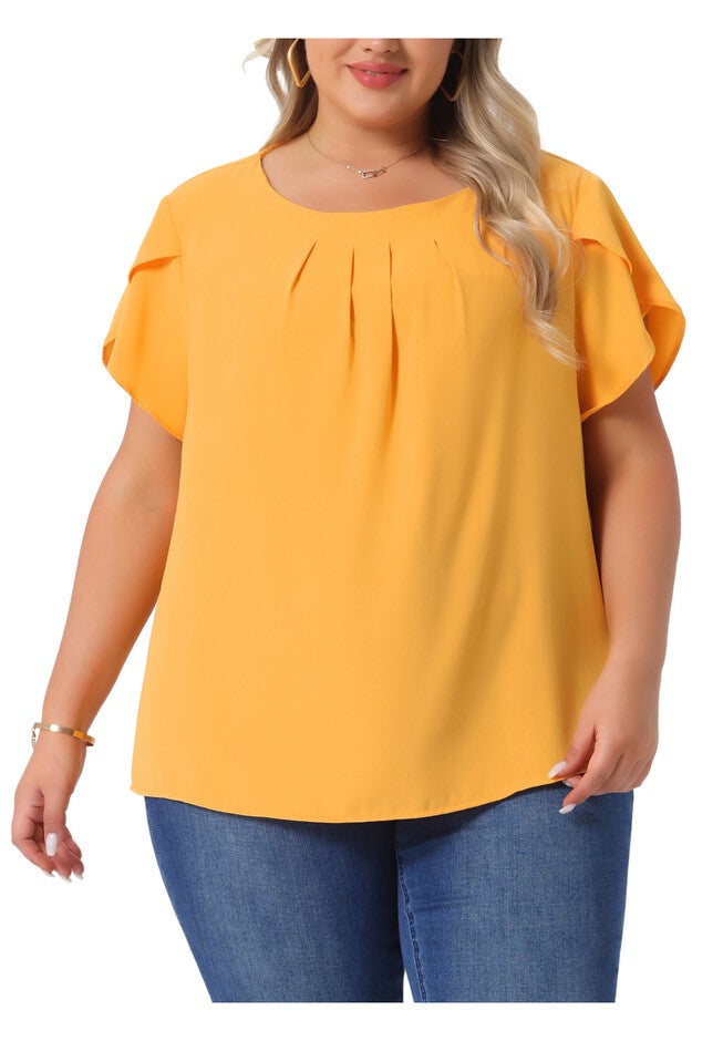 Round Neck Pleated Top Tulip Sleeves Blouse Top, Yellow / Yellow, alternate image number 2