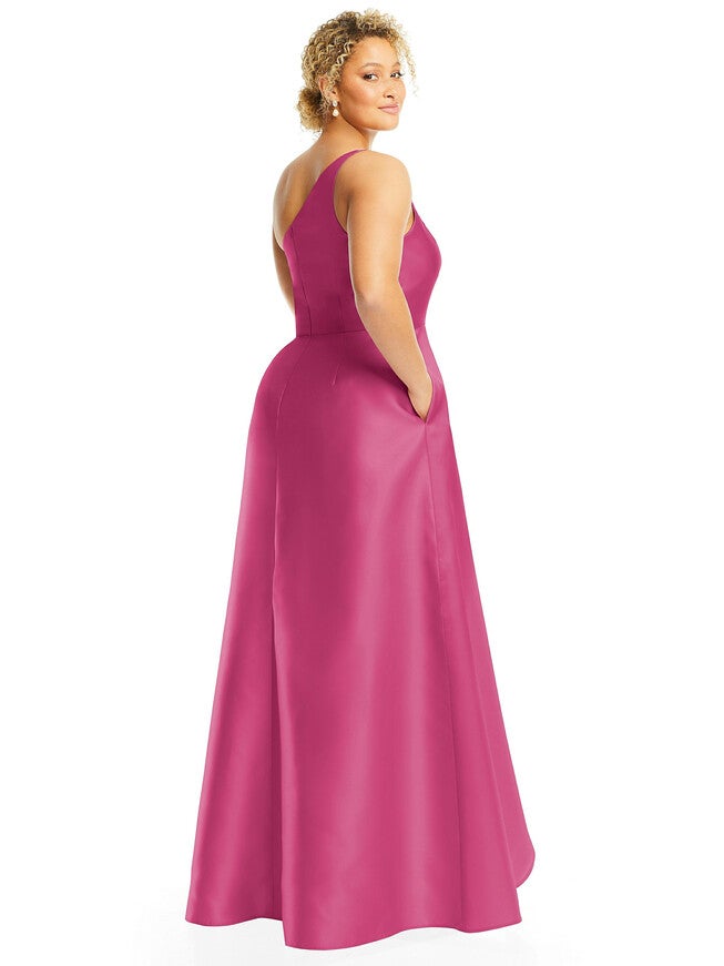 One-Shoulder Satin Gown with Draped Front Slit and Pockets, Tea Rose / Raspberry, alternate image number null