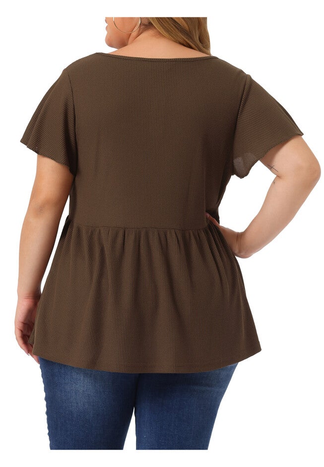 Button Front Shirt Peplum Top, Coffee / Brown, alternate image number 3