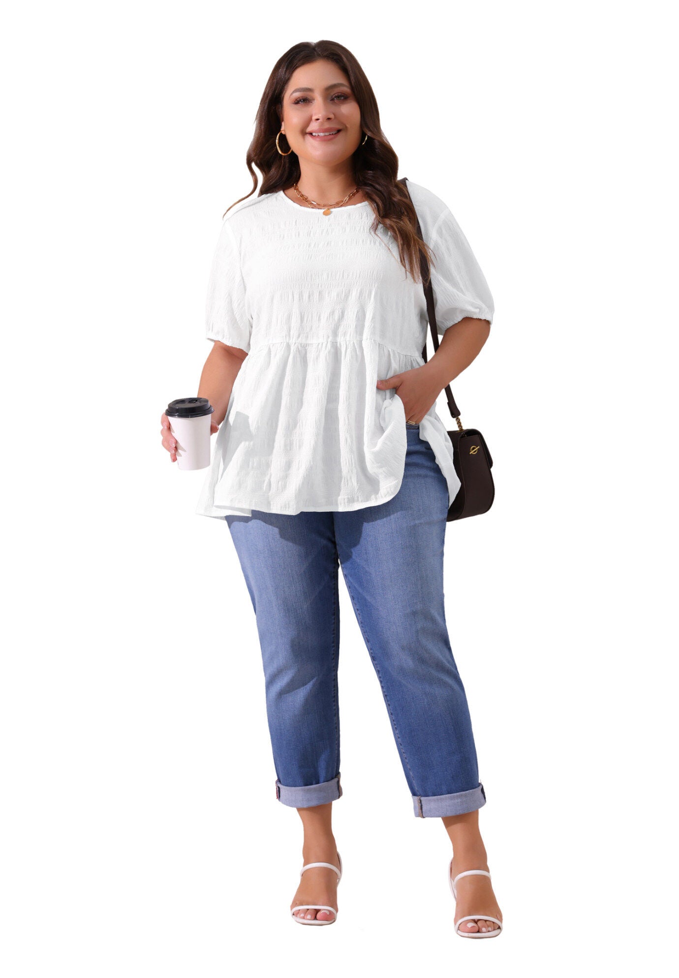 Babydoll Short Sleeve Loose Fit Flowy Blouse, White / White, hi-res image number 0