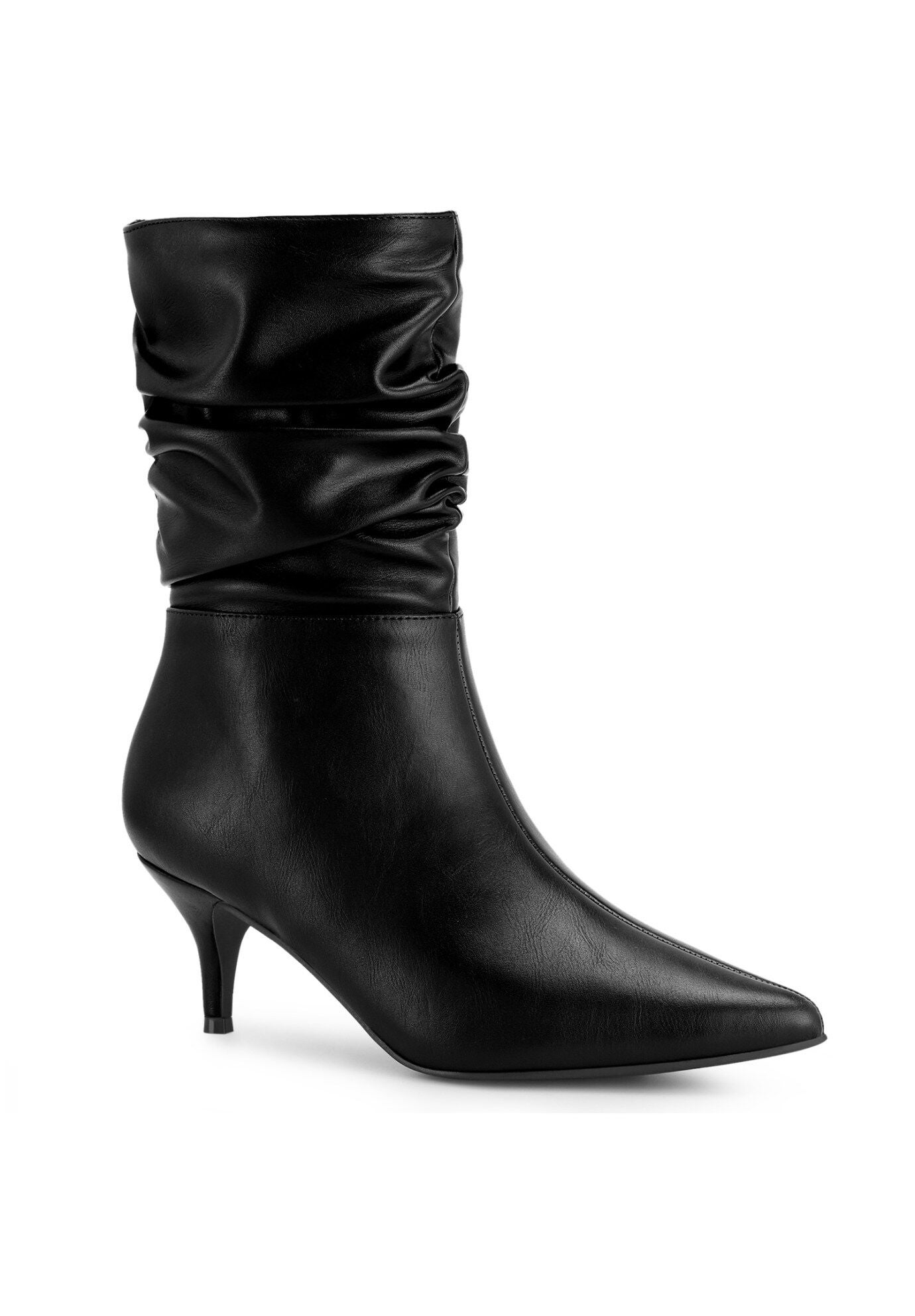 Pointed Toe Slouch Kitten Heel Mid-Calf Boots, Black / Black, hi-res image number 0