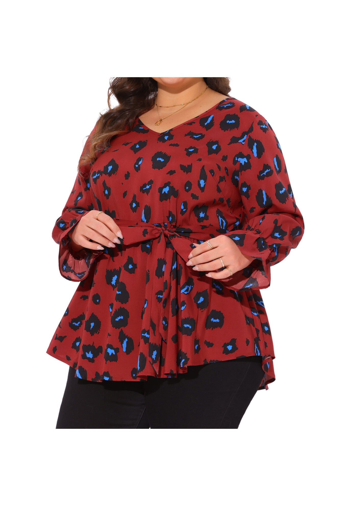 Graphic Print Belted Long Sleeve Peplum Blouse, Red / Red, alternate image number 1