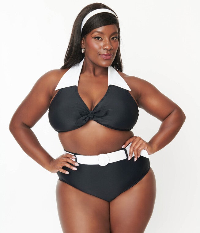 Unique Vintage Black & White Halter Swim Top, Black White / Black, hi-res image number 0