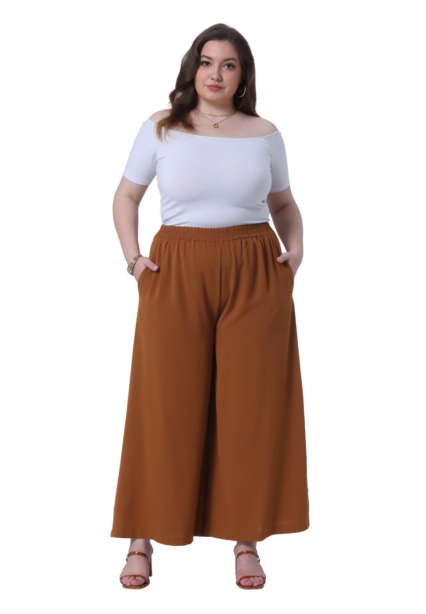 Wide Leg Pockets Casual Summer Palazzo Pants, Brown / Brown, hi-res image number 0