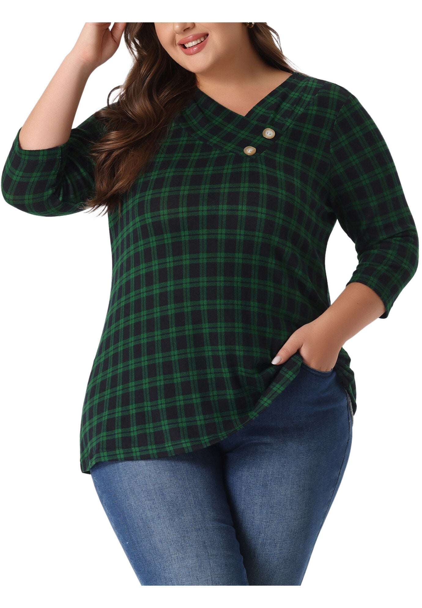 Stripe 3/4 Sleeve Tunic V Neck Knit Blouse, Dark Green / Forest Green, alternate image number 3