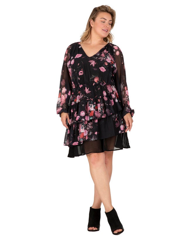 Miranda Women's Mini Floral Printed Swing Plus Size Dress, Black Floral / Black, alternate image number 1