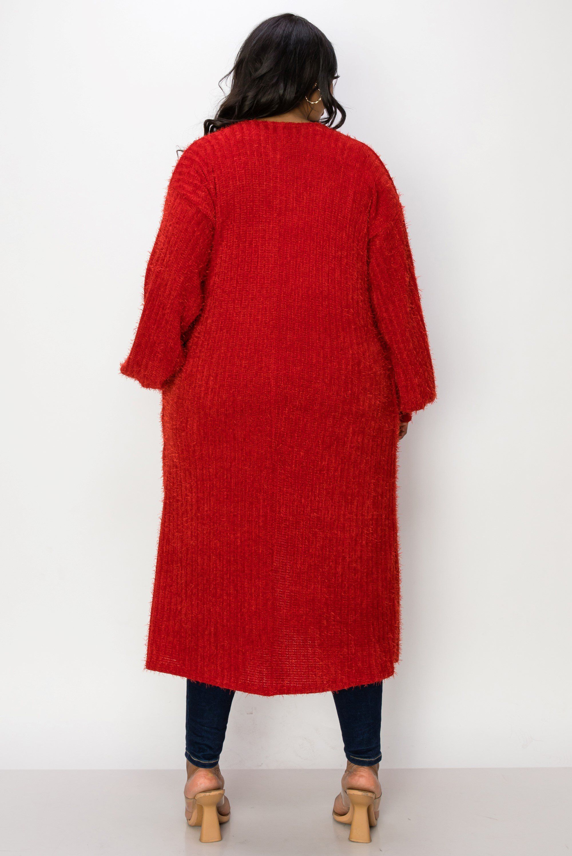 SERILDA FAUX FEATHER CARDIGAN, Red / Red, alternate image number 2