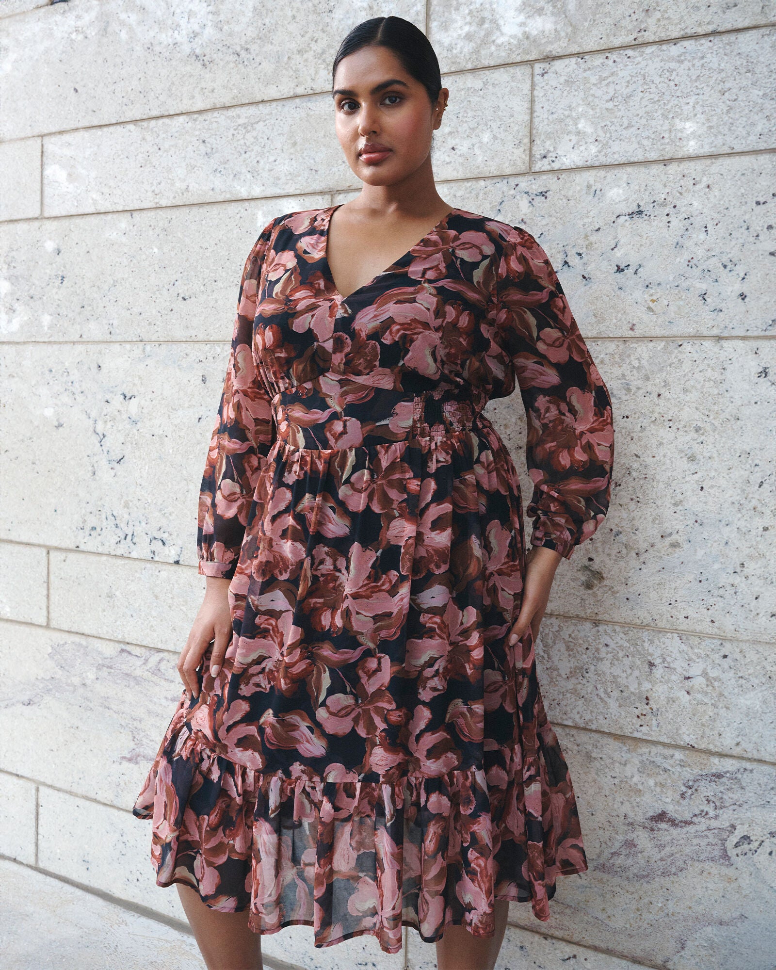 Natalia Floral V-Neck Fit Flare Midi Dress, ChocBlush / Brown, alternate image number 3