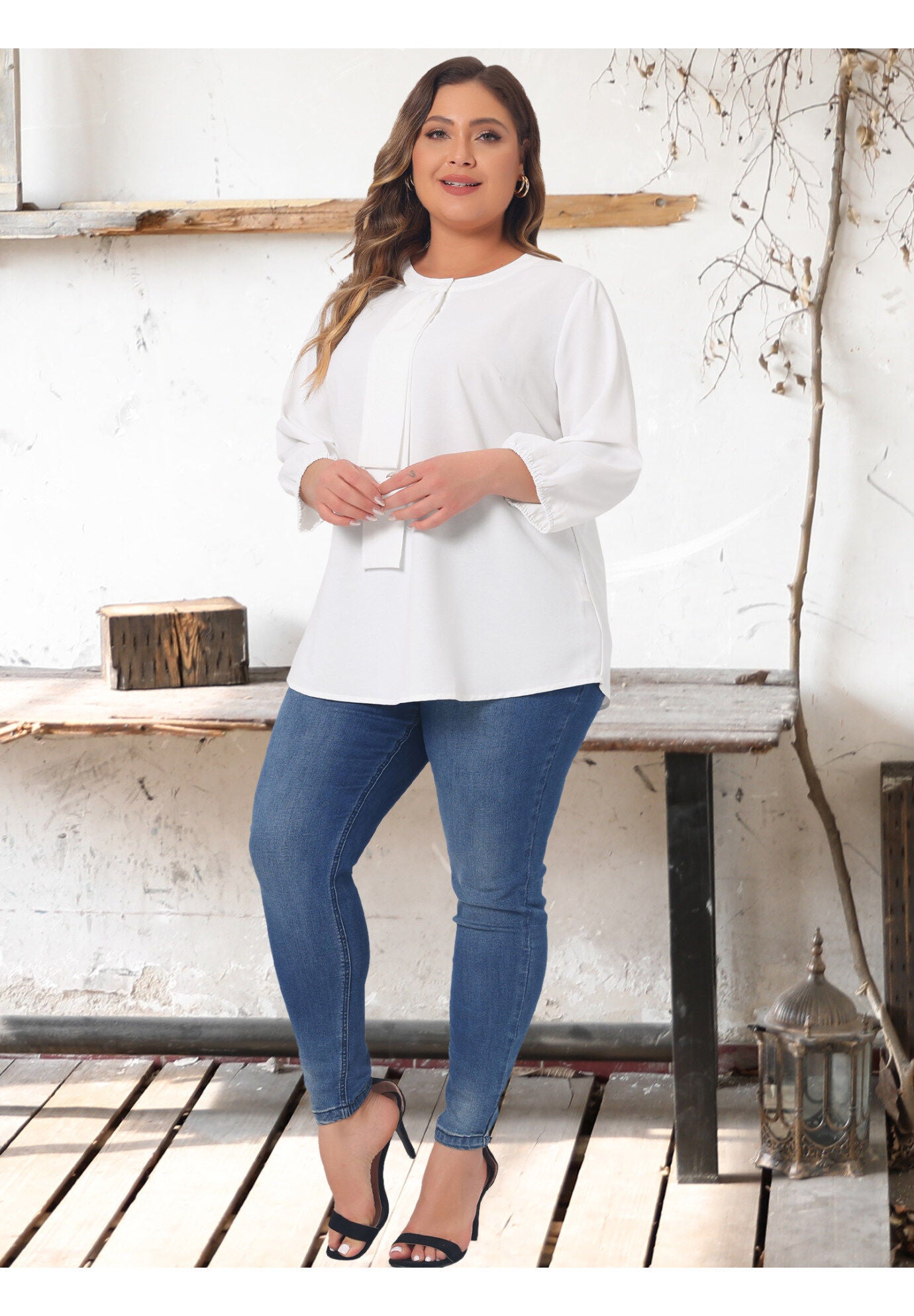 3/4 Sleeve Work Office Tie Front Ruffle Chiffon Blouse Top, White / White, hi-res image number 0