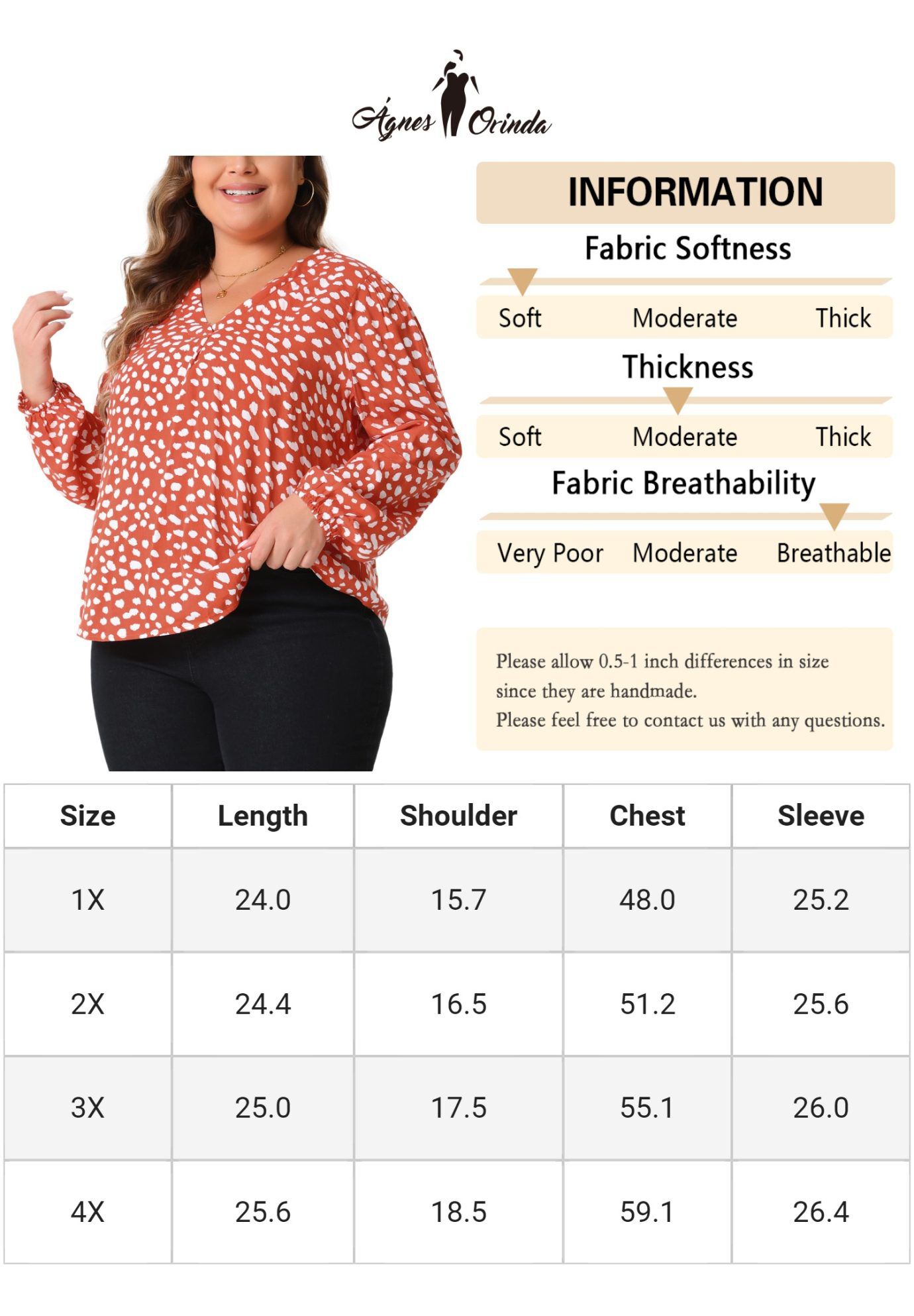 Polka Dot V Neck Long Sleeve Blouse Shirt, Orange / Orange, alternate image number 3