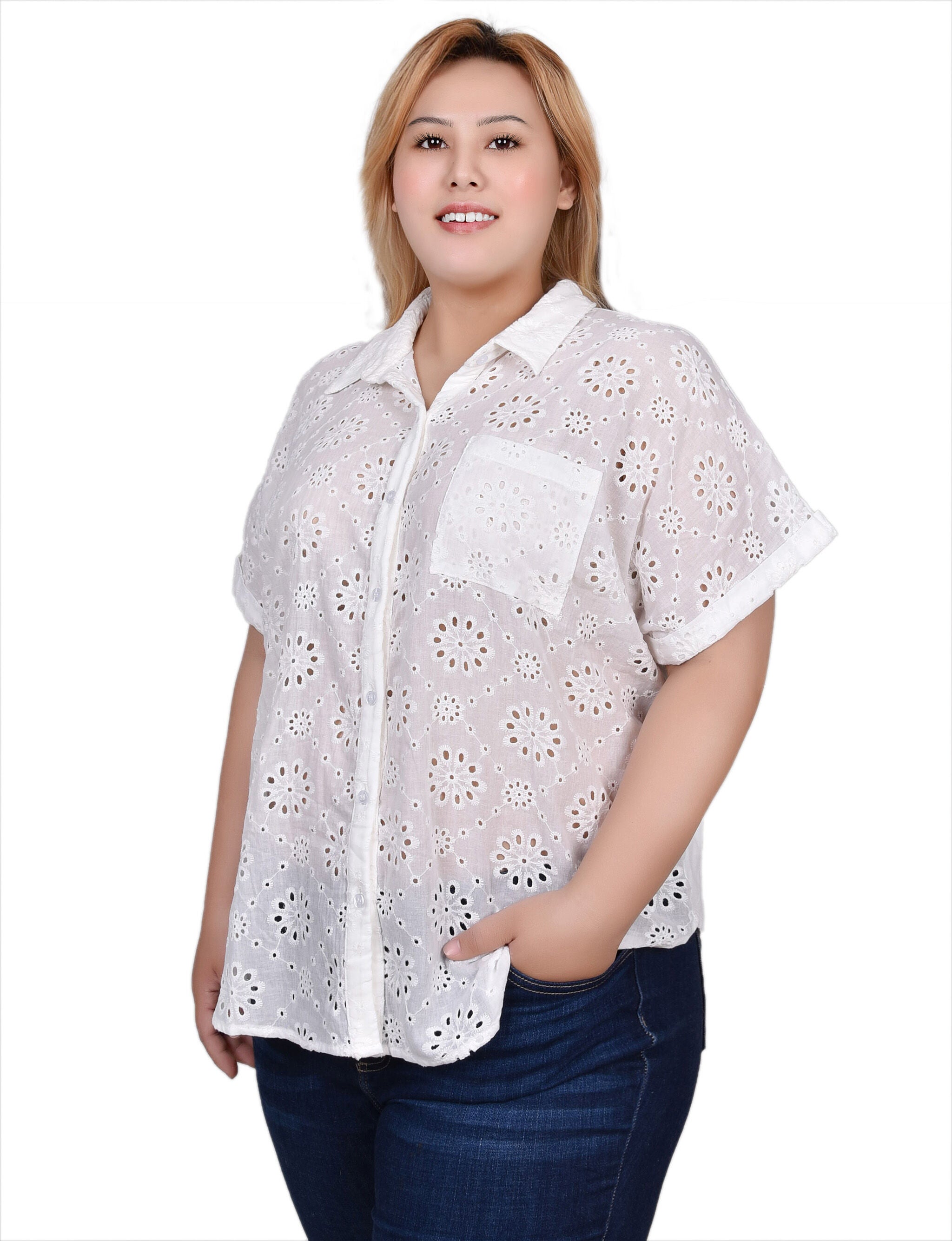 Short Sleeve Eyelet/Jersey Blouse, , alternate image number 6