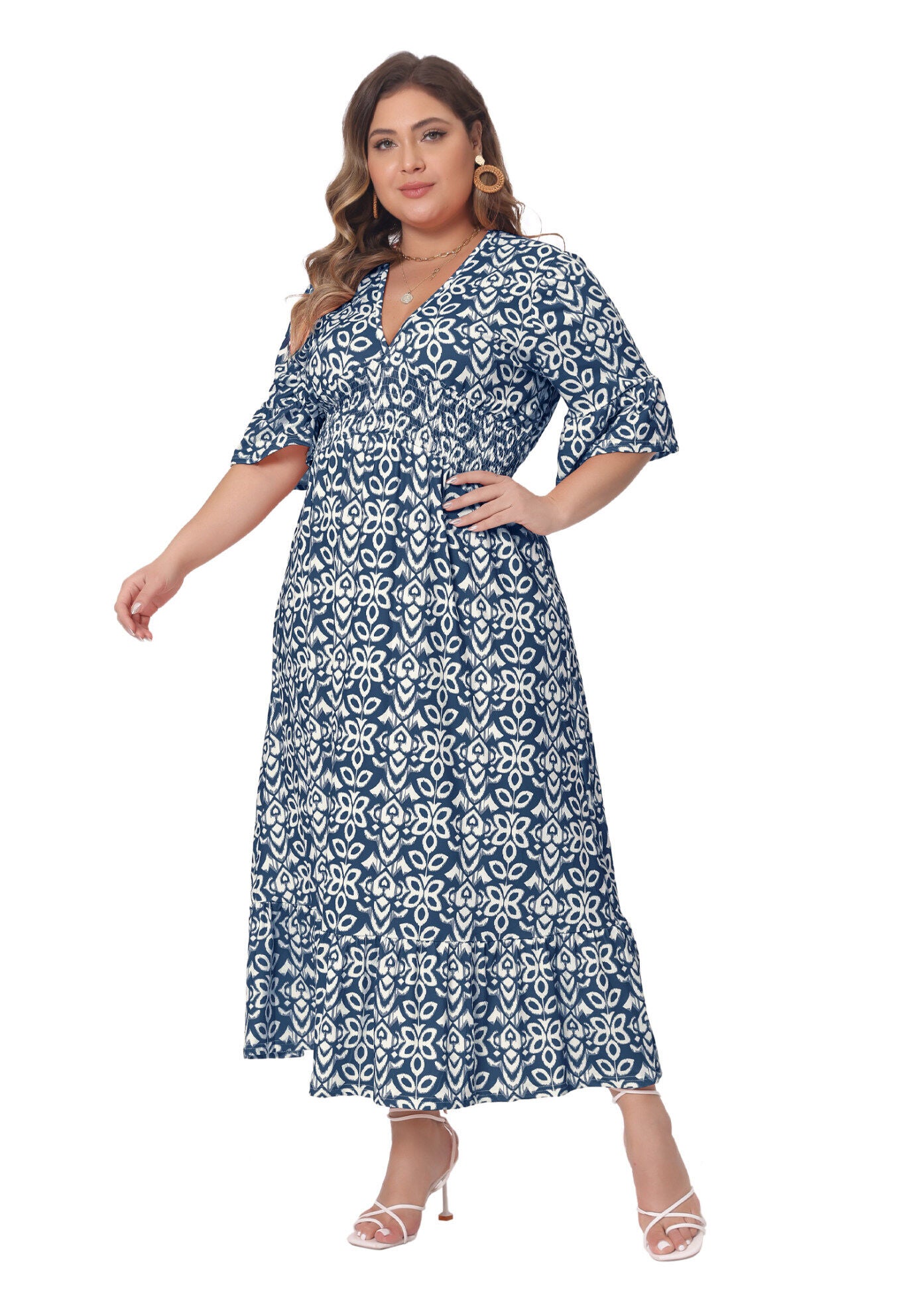 Bell Sleeve Ruffled Hem V Neck Short Sleeve Boho A Line Long Dress, Navy Blue / Navy, hi-res image number 0
