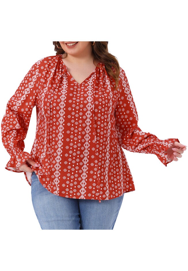 V Neck Drawstring Tassel Tie Printed Shirts Blouses, Red / Red, alternate image number 2