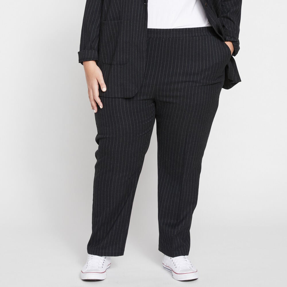 Universal Standard Womens Plus The Pinstripe Pant, Graphite / Charcoal Grey, hi-res image number 0