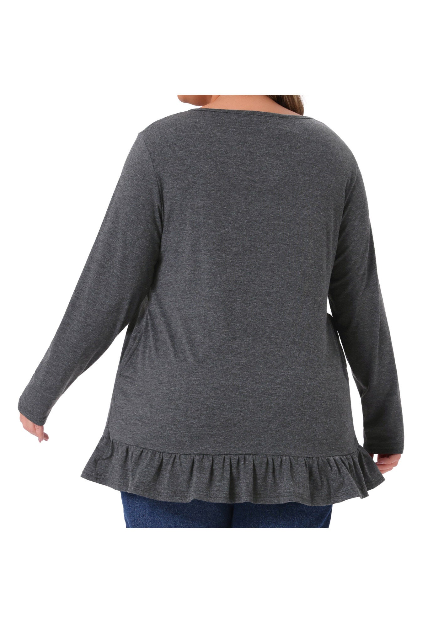 Crew Neck Ruffled Hem Flowy Blouses with Pockets, Dark Gray / Charcoal Grey, alternate image number 3
