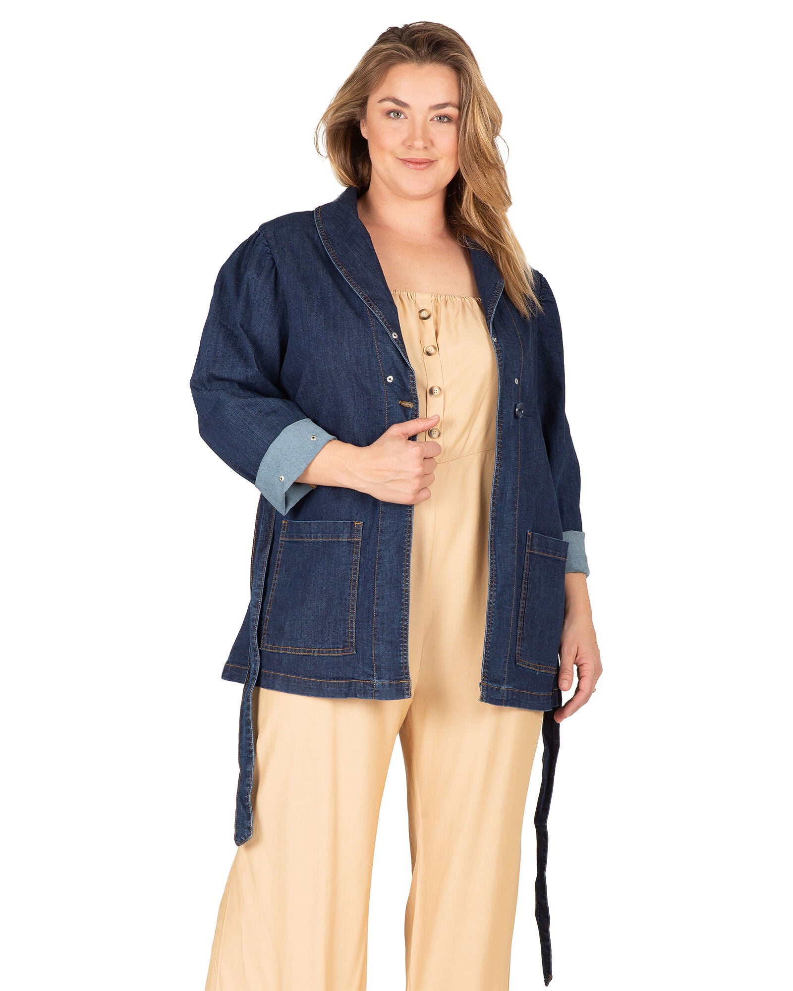 Emily Women&#39;s Tie Robe Detachable Faux Fur Denim Jacket, Dark Indigo / Dark Wash, alternate image number 4