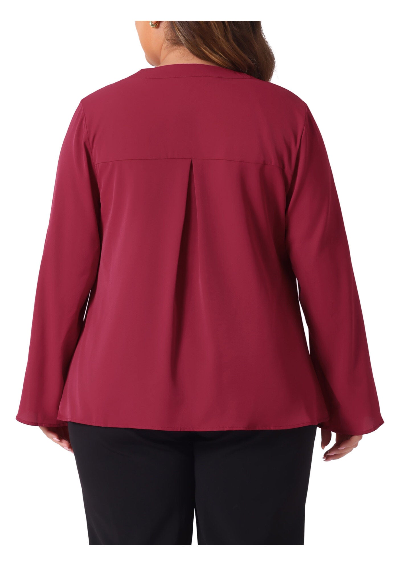 V Neck Rolled Up Sleeves Pleated Back Shirt Chiffon Top, Burgundy / Burgundy, alternate image number 3