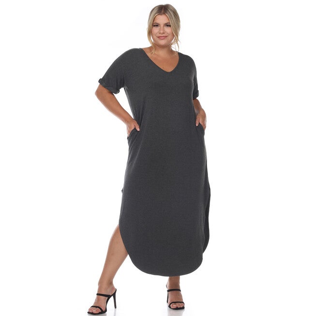 Short Sleeve V-neck Maxi Dress, Charcoal / Charcoal Grey, alternate image number 1