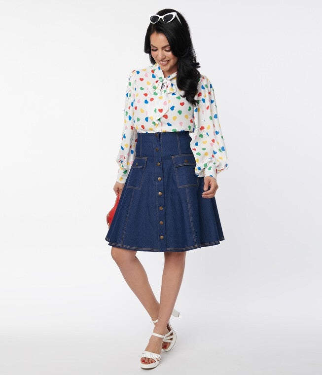 Unique Vintage Denim Suspender Flare Skirt, Blue / Medium Wash, alternate image number null