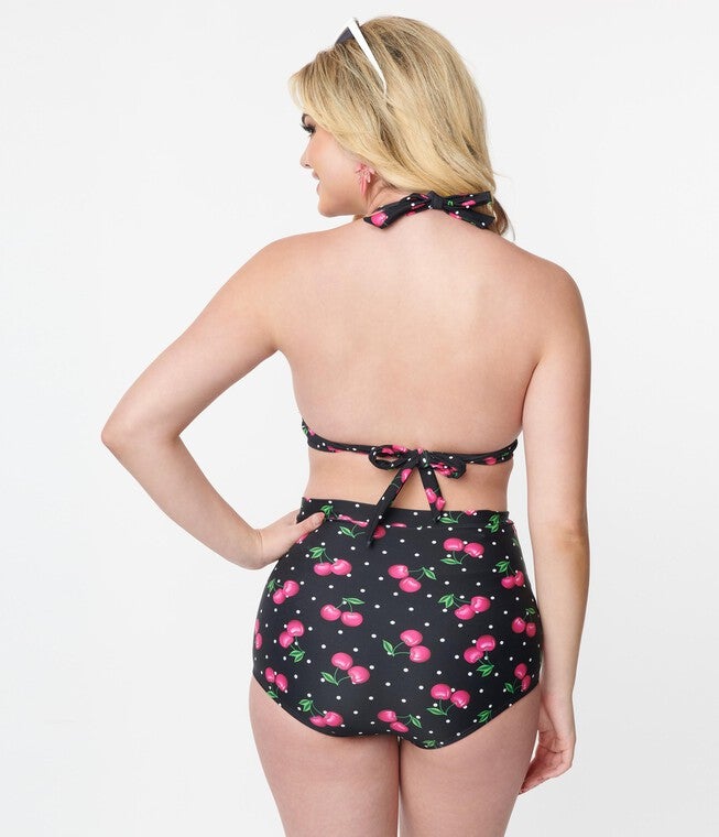 Unique Vintage Black & Hot Pink Cherry Pin Dot Monroe Swim Top, Black Hot Pink Cherry Pin Dot / Black, alternate image number null