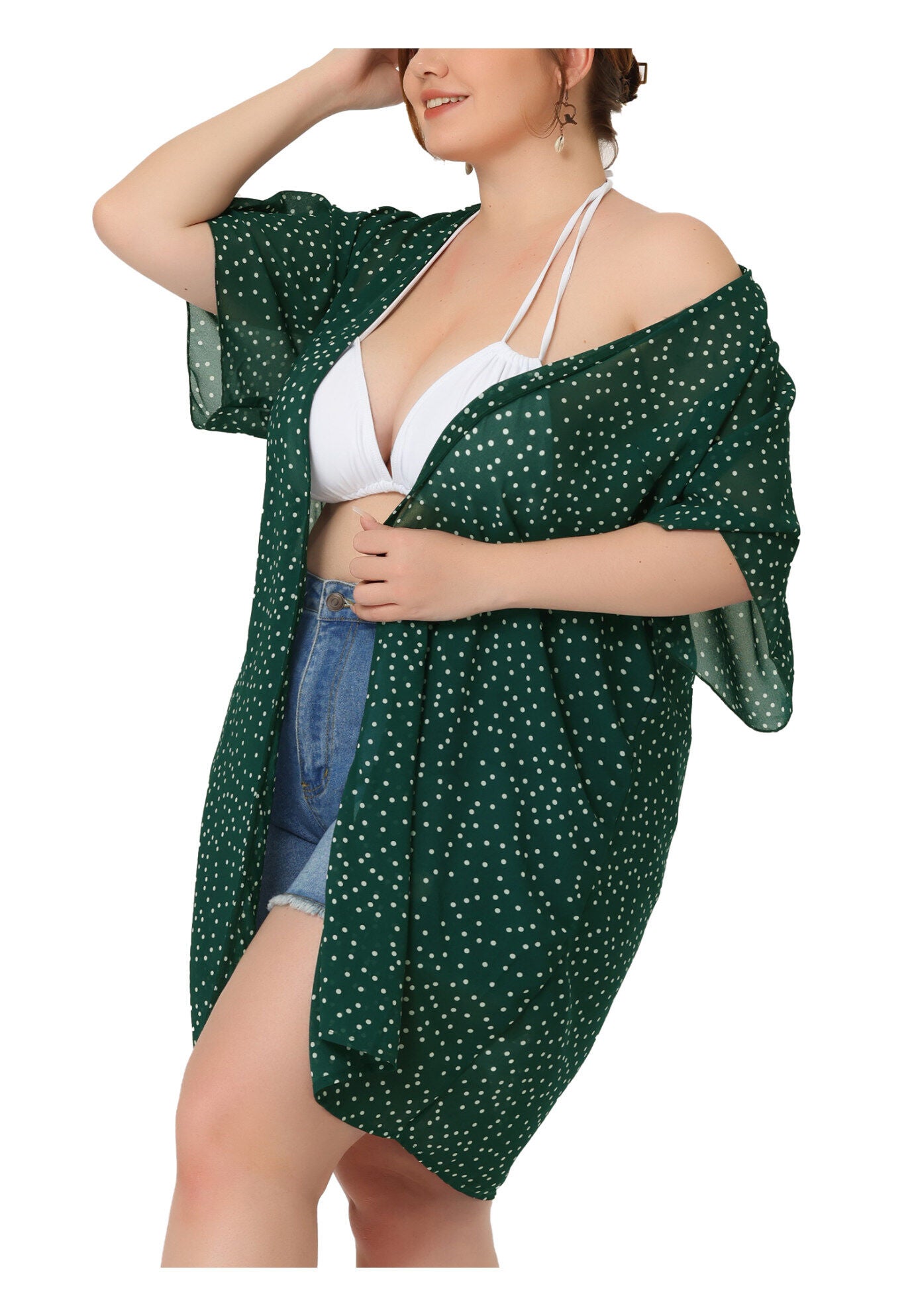 SHORT SLEEVE BIKINI POLKA DOTS KIMONO COVER UP, Green / Forest Green, alternate image number 2
