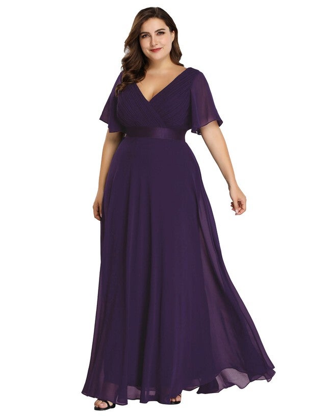 Long Chiffon Empire Waist Bridesmaid Dress with Short Flutter Sleeves, Dark Purple / Purple, alternate image number null