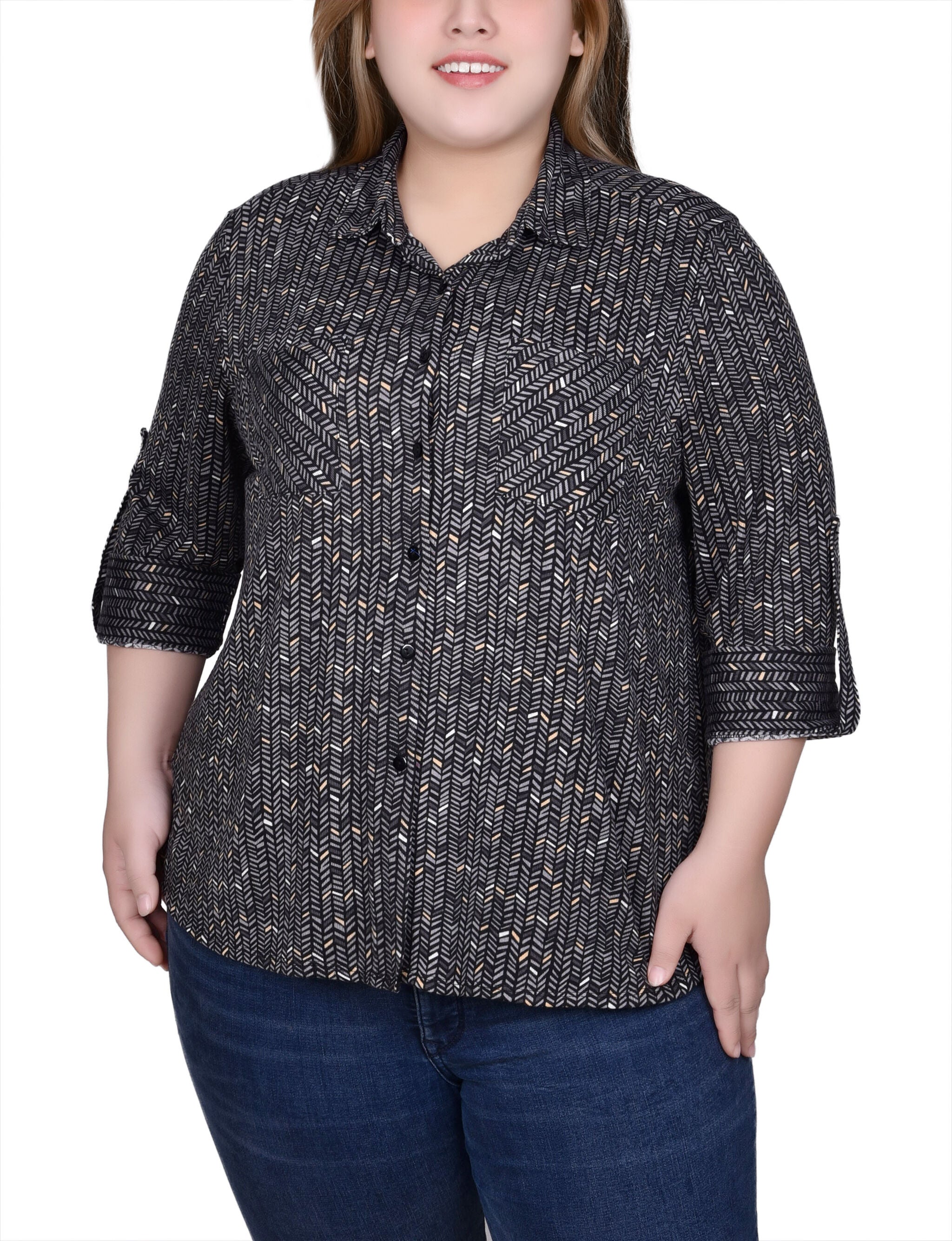 Long Sleeve Button Front Tunic Top, Grey Herring Bone, hi-res image number 0