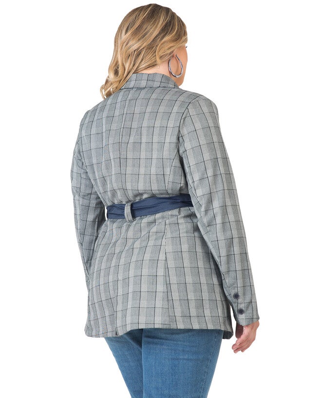 Plus Size Gina Trim Wrap Blazer - Plaid & Tencel Trim, Black White Plaid / Navy, alternate image number 3