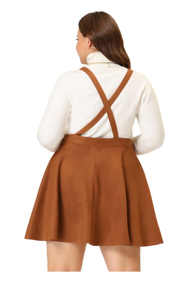 FAUX SUEDE MINI PLEATED SUSPENDER OVERALL SKATER SKIRT, Brown / Brown, alternate image number 3